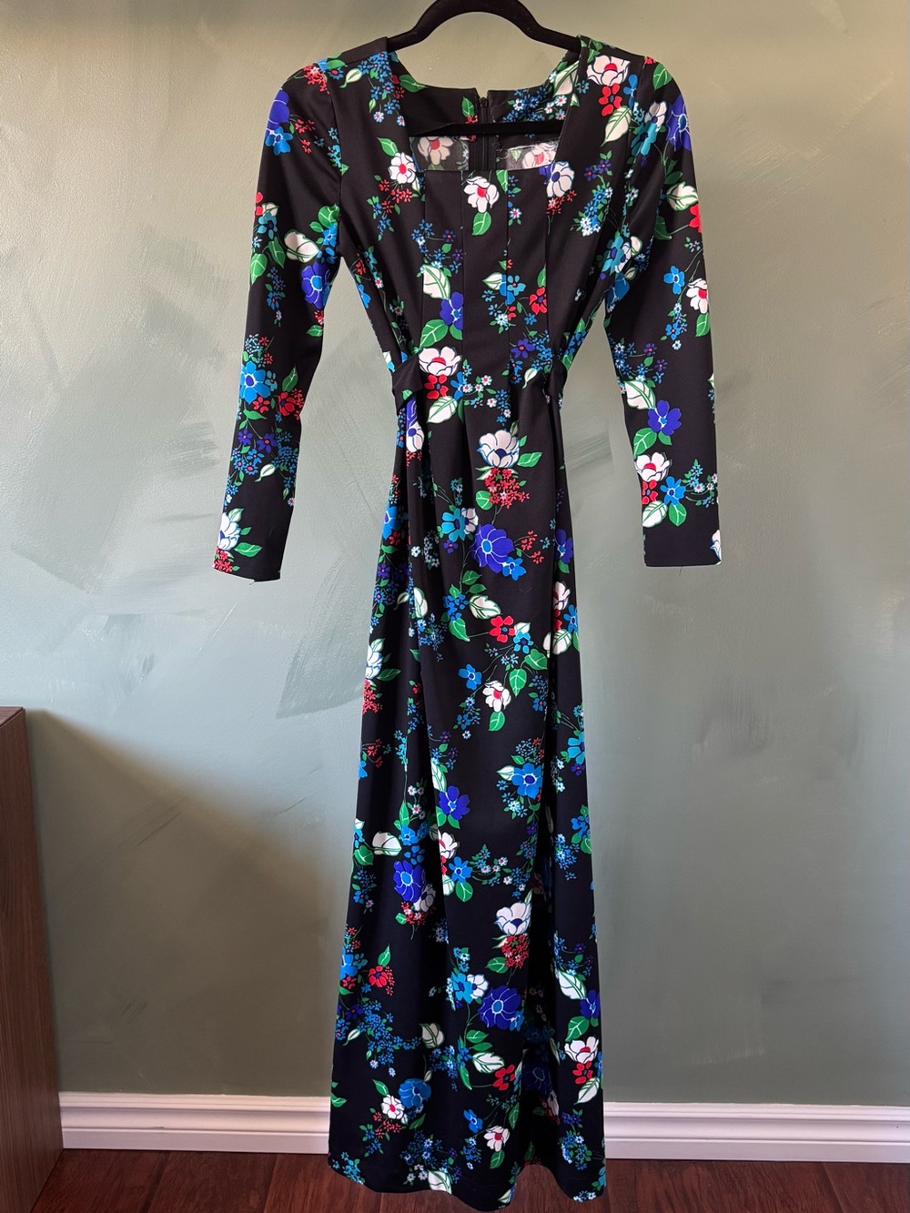 Vintage Black Floral Long Sleeve Maxi Dress - Blue & Green Floral